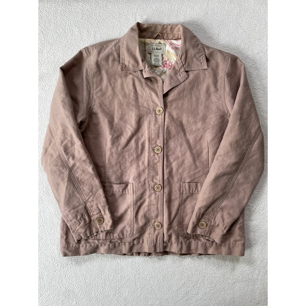 LL Bean Womens Large Jacket Mauve Brown Linen Blend Floral Lined Chore Coat Barn